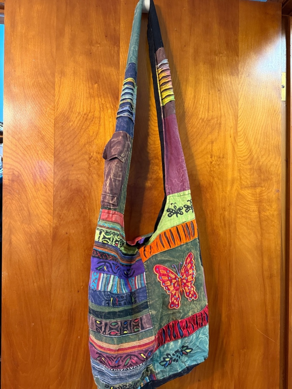 Boho Patchwork Shoulder Bag with Butterfly Appliqué - Multicolor